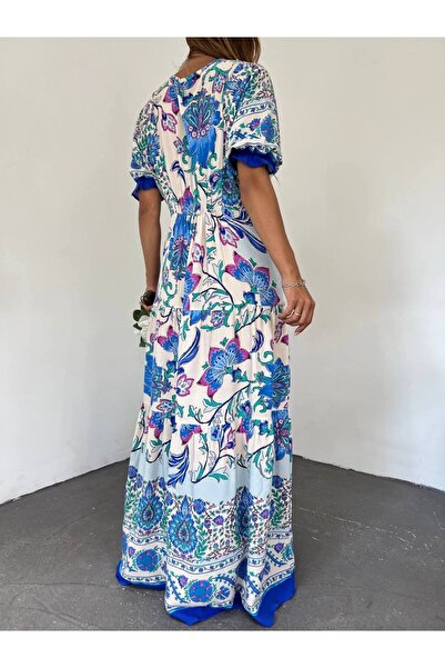 Fav Style Dámské dlouhé šaty s modrým potiskem s krátkým rukávem