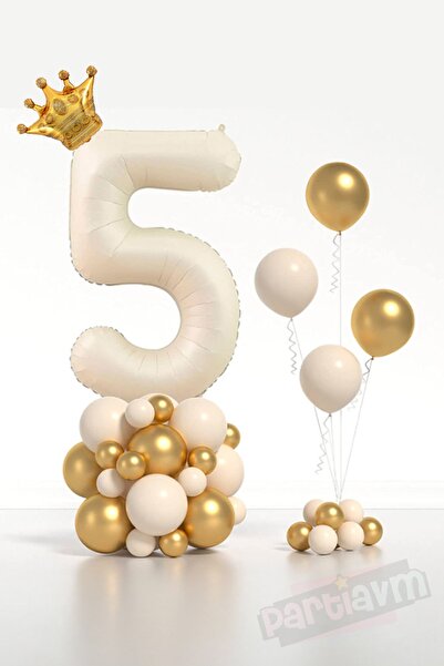 PARTİAVM Cream Number Balloon King Crowned Number Foil Balloon Set