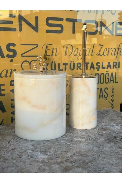 Polen Stone مجموعة من قطعتين من سلة المهملات الرخامية العسلية وحامل الفرشاة