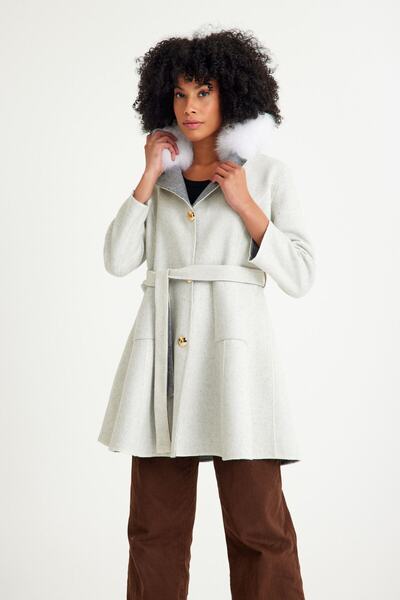 Milano Calvino Alpaka Yünü & Kürklü & Çift Taraflı Kadın Palto