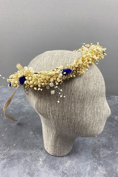 Hayalperest boncuk Blue Cream Chipped Bridal Outdoor Shoot Crown with Pearls and Cotton Herb