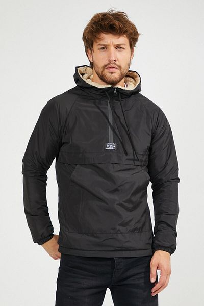 OHM OHEPMODA Ανδρικό αδιάβροχο παλτό με λεπτή εφαρμογή με γούνα Kangaroo Pocket Μαύρο