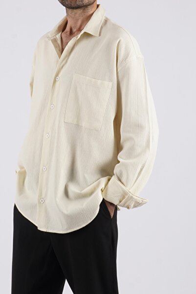 LoFiBuy Erkek A. Limon Sarısı Tek Cep Yazlık Rahat Kalıp Keten Oversize Gömlek