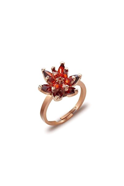 Şimal Silver 925 Ayar Gümüş Rose Kaplama Kırmızı Renkli Lotus Çiçeği Yüzük