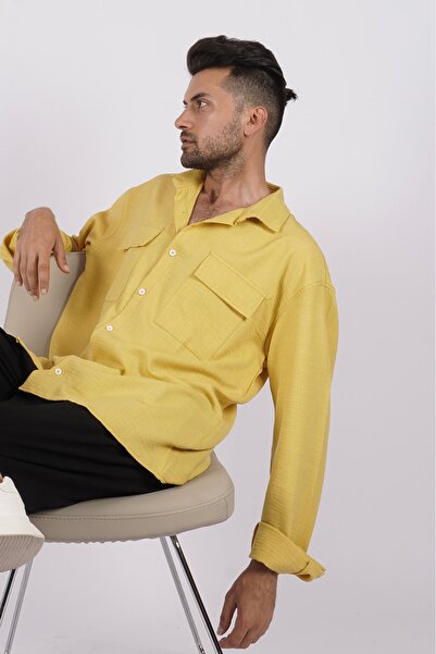 LoFiBuy Erkek Sarı Çift Cep Yazlık Rahat Kalıp Keten Oversize Gömlek