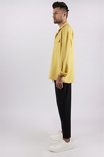LoFiBuy Erkek Sarı Çift Cep Yazlık Rahat Kalıp Keten Oversize Gömlek