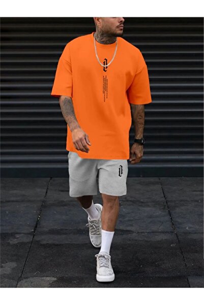 ORLONTEX Erkek Turuncu Dikey Baskılı Oversize Şort Tişört Takım
