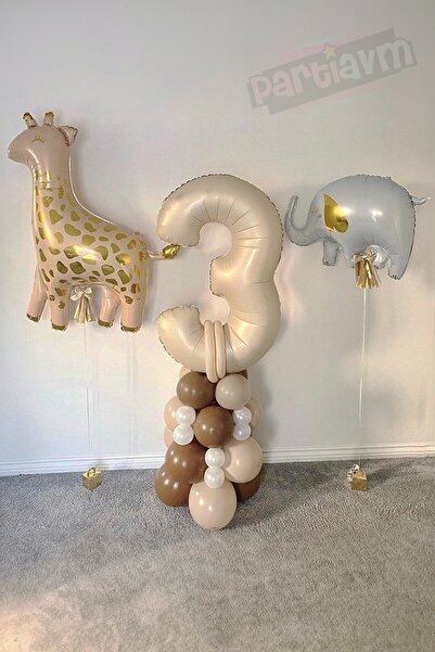 PARTİAVM Cream Number Balloon Soft Brown Colors Giraffe Elephant Balloon Set ...