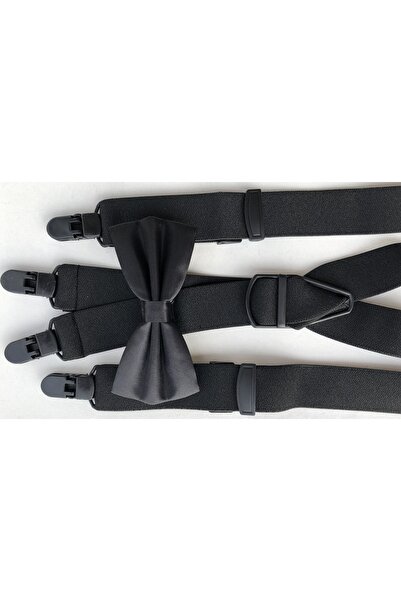 KemerSepeti Yetişkin Boy Siyah 4 Klipsli Pantolon Askısı ve Papyon Kombini