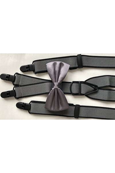 KemerSepeti Yetişkin Boy Gri 4 Klipsli Pantolon Askısı ve Papyon Kombini