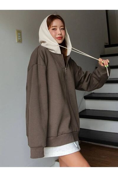 Machetta Καφέ κουκούλα Μπεζ χωρίς στάμπα 3 κλωστών Oversize Fleece Jacket - Ζακέτα