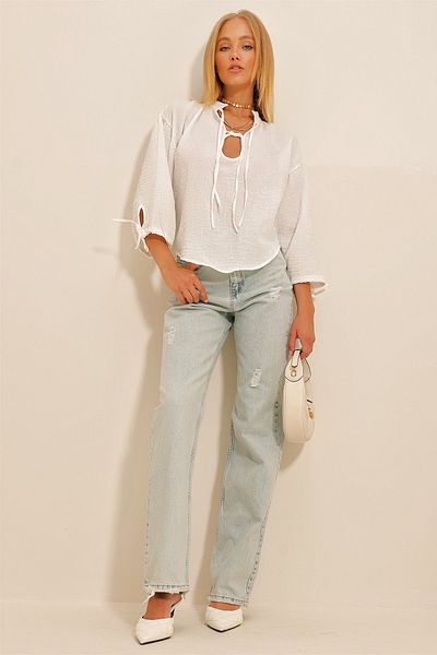 Trend Alaçatı Stili Women's White Judge Collar Balloon Sleeve Linen Blouse ALC-X10728