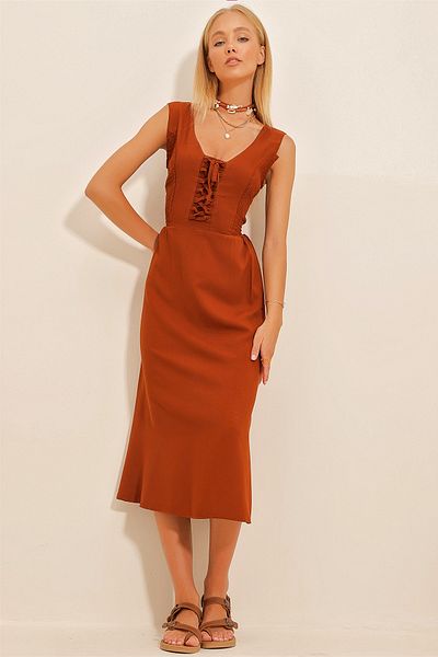 Trend Alaçatı Stili Women's Brick V-Neck Front Lace Up Lined Dress ALC-X10749