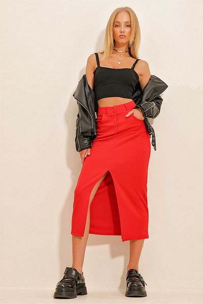 Trend Alaçatı Stili Women's Red Slit Mid Length Skirt ALC-X10729
