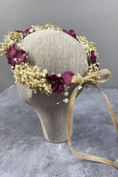 Hayalperest boncuk Hydrangea And Shocked Cipso Dried Flowering Bridal Crown With Pearls