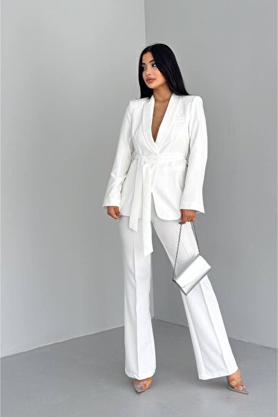 Bella Breeze Kadın Bağlamalı Sahte Cepli Kemerli Şal Yaka Blazer Ceket Boru Paça Esnek Pantolon Takım Elbise