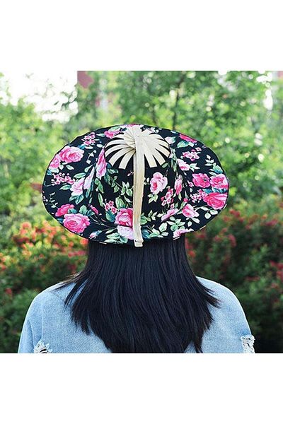 SYNOPE Multifunctional Floral Bamboo Fan Foldable Hat Travel Beach Sun Hat For Women