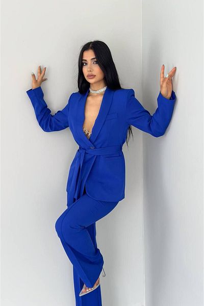 Bella Breeze Femei cu buzunare false legate, cu curea, guler șal, jachetă, pantaloni elastici, costume