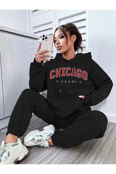 Keywest Σετ φούτερ Unisex Chicago America με στάμπα Oversize 3 νημάτων με κουκούλα