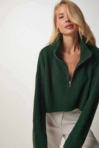 Happiness İstanbul Smaragdgrüner Rollkragenpullover mit Reißverschluss für Damen MX00124