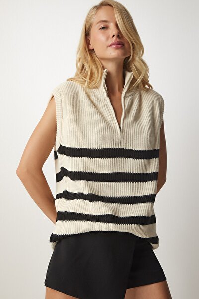 Happiness İstanbul Női krém fekete cipzáras galléros csíkos pulóver MX00123