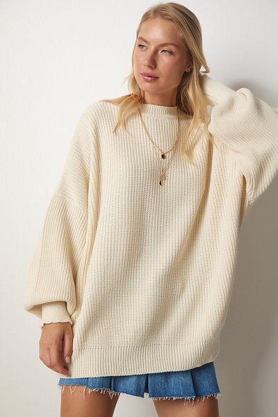 Happiness İstanbul Pulover de damă crem oversize tricotaj de bază mx00126