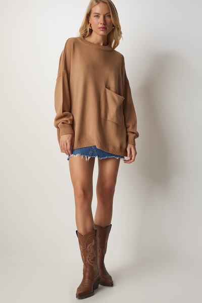 Happiness İstanbul Γυναικείο πλεκτό πουλόβερ Basic με λεπτομέρεια τσέπης μπισκότου MX00125