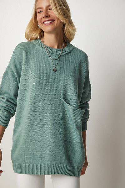 Happiness İstanbul Grüner Basic-Strickpullover mit Taschendetail für Damen MX00125
