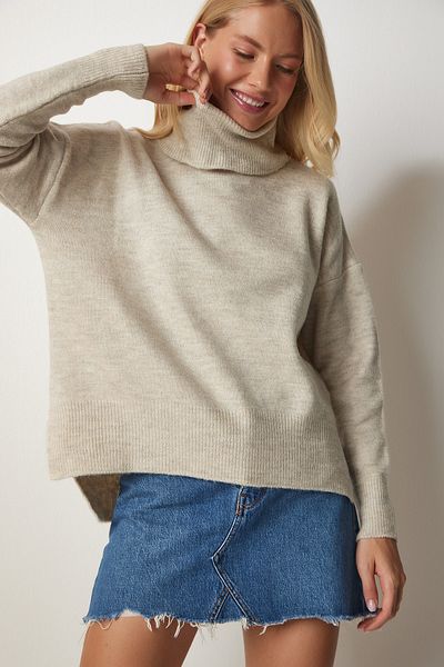 Happiness İstanbul Pulover din tricot cu gât roșu de piatră pentru femei MX00128