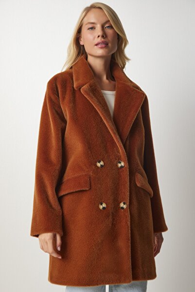 Happiness İstanbul Dámský oversize kabát s hnědým králičím peřím MX00105