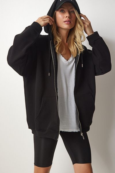 Happiness İstanbul Schwarzes Oversize-Sweatshirt mit Kapuze und Reißverschluss für Damen UB00124