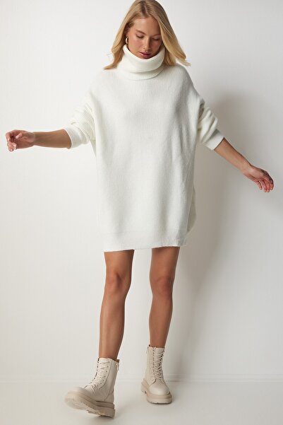 Happiness İstanbul Dámsky dlhý úpletový sveter s bielym rolákom MX00107