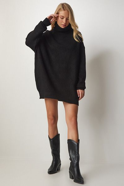 Happiness İstanbul Schwarzer, langer Rollkragenpullover für Damen, Strick, MX00107