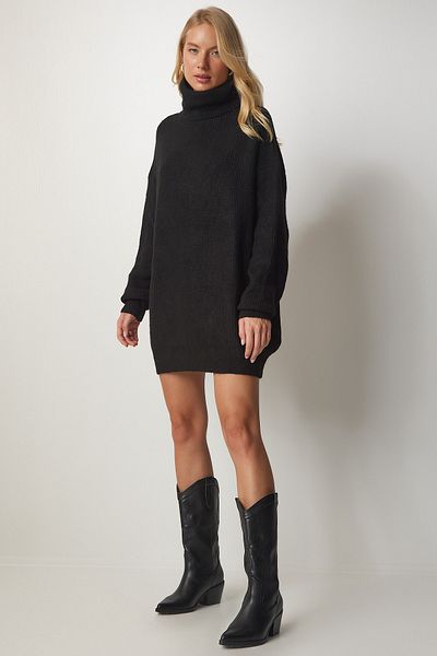 Happiness İstanbul Schwarzer, langer Rollkragenpullover für Damen, Strick, MX00107