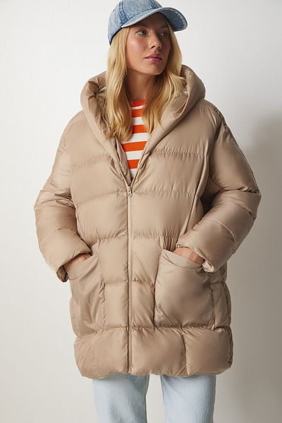 Happiness İstanbul Beige Oversize-Pufferjacke mit Kapuze für Damen DD01249