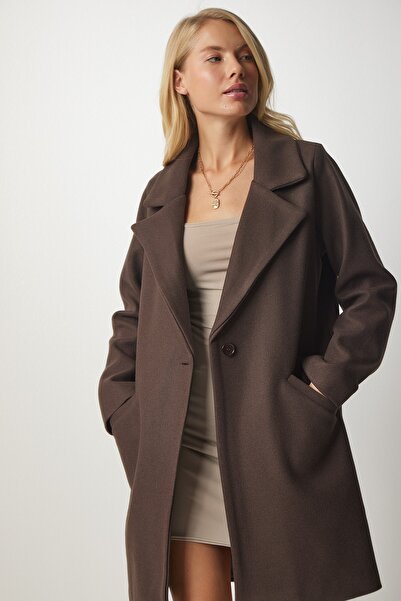 Happiness İstanbul Dámský hnědý kašmírový kabát s dvojitým límcem a knoflíkem MX00113