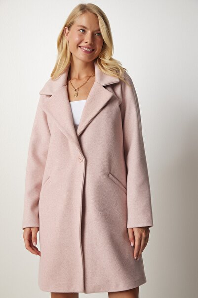 Happiness İstanbul Női világos rózsaszín duplasoros galléros gombos kasmír kabát MX00113