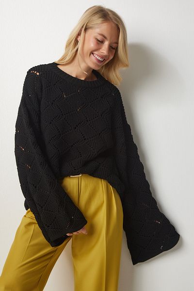 Happiness İstanbul Pulover de damă din tricotaje ajurate cu model Black Diamond CV00025