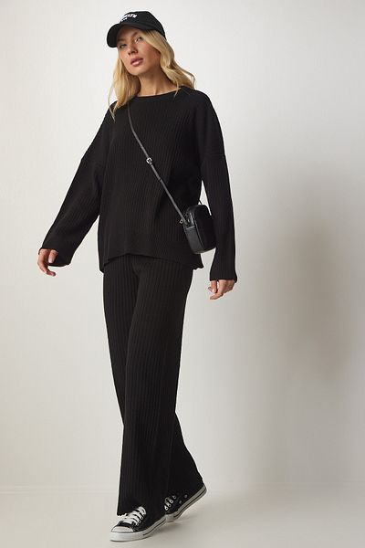 Happiness İstanbul Schwarzes Strickpullover-Hosen-Set für Damen MX00112