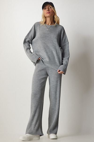 Happiness İstanbul Women's Gray Knitwear Sweatshirt Pants Set MX00112