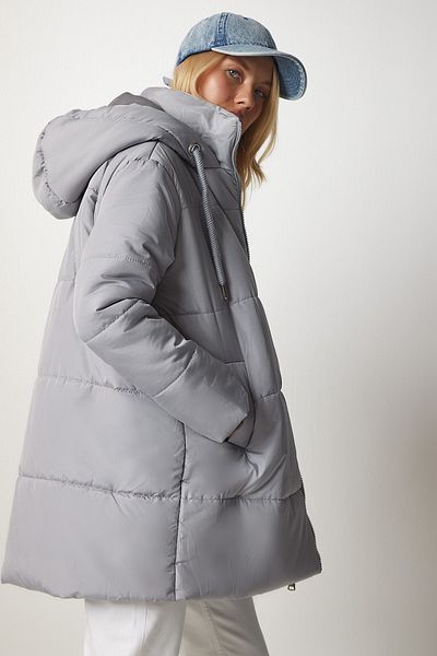 Happiness İstanbul Dámská šedá oversize bunda Puffer s kapucí DD01245