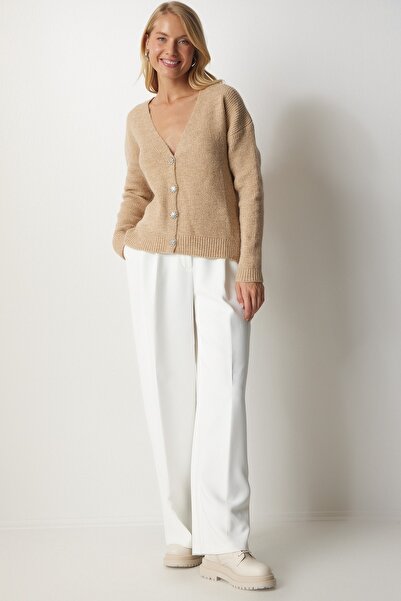 Happiness İstanbul Dámský sušenkový stylový pletený svetr na knoflíky MX00114