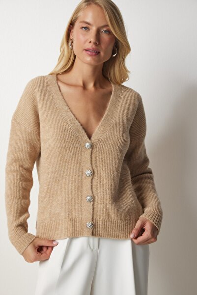 Happiness İstanbul Dámský sušenkový stylový pletený svetr na knoflíky MX00114