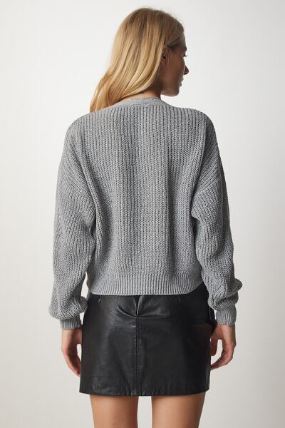 Happiness İstanbul Dámský šedý svetřík s výstřihem do V a výstřihem do V MC00210