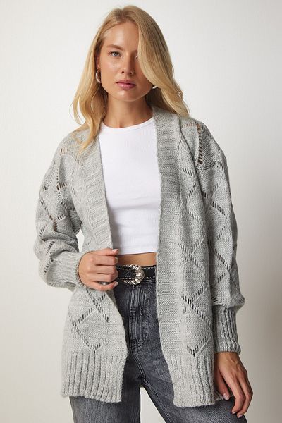 Happiness İstanbul Women's Gray Diamond Patterned Openwork Knitwear Cardigan MC00212
