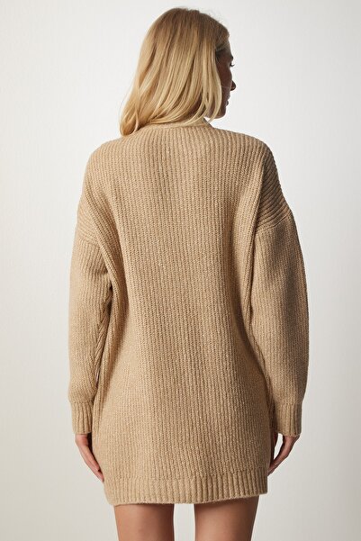 Happiness İstanbul Női bézs gombos hosszú kötött kardigán MX00117