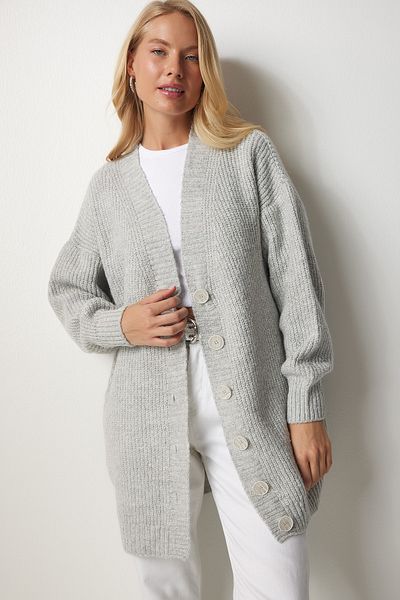 Happiness İstanbul Women's Gray Buttoned Long Knitwear Cardigan MX00117