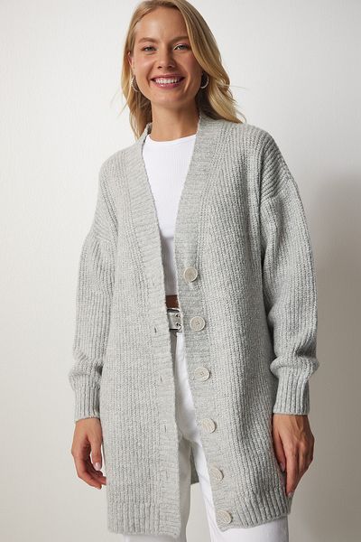 Happiness İstanbul Women's Gray Buttoned Long Knitwear Cardigan MX00117
