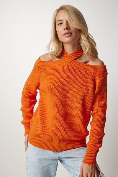 Happiness İstanbul Tricot de damă portocaliu cu umeri dezactivați MX00118