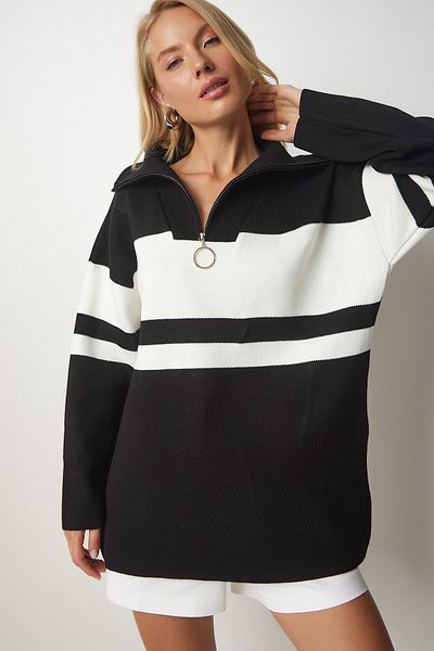 Happiness İstanbul Schwarzer Damen-Strickpullover mit Reißverschlusskragen und Streifen US00700